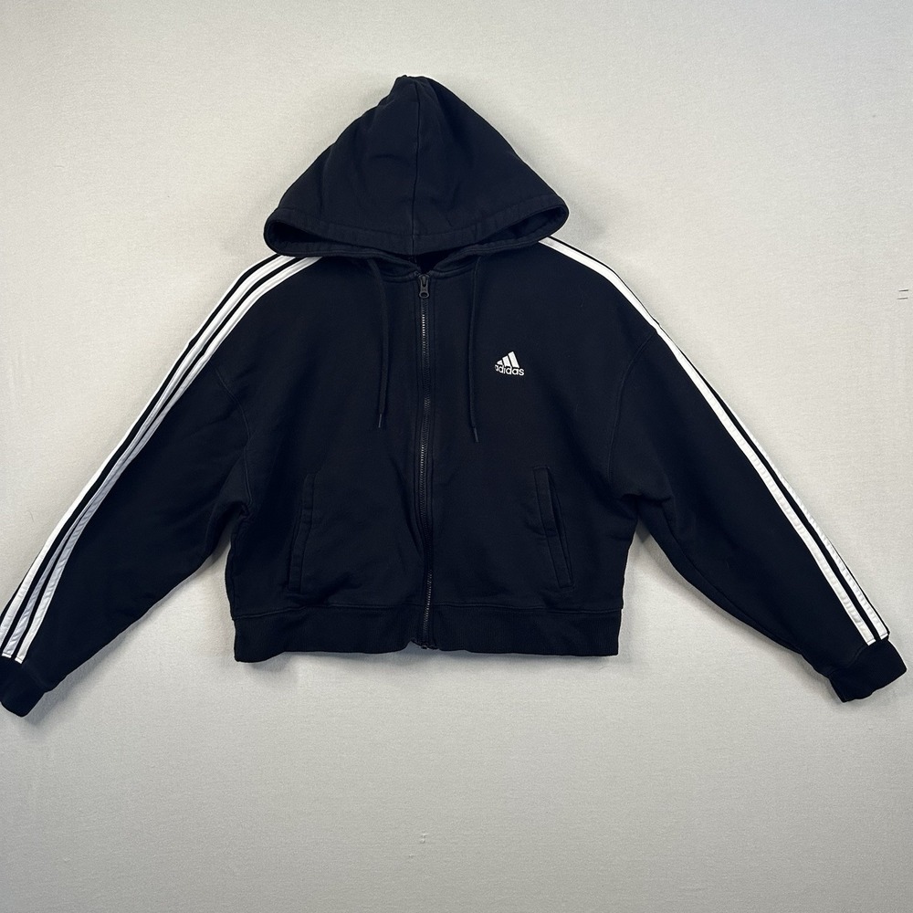 Adidas Jacket Girls Large (16-18) Black  Full Zip Hoodie 3‎ Stripe